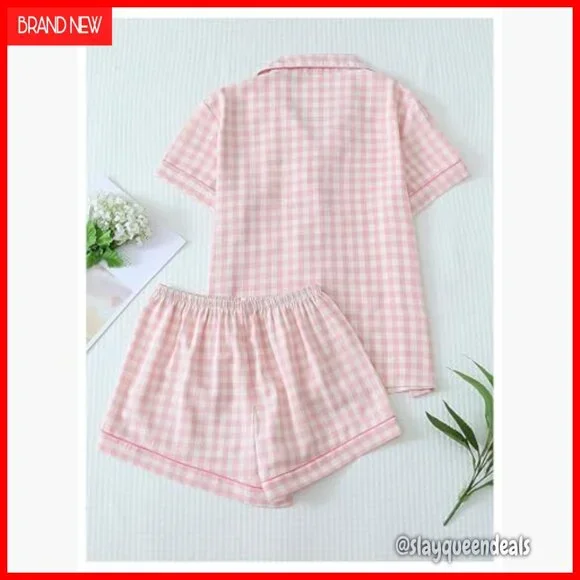 Women's Plaid Pajama Set Short Sleeve Button Down Shirt Shorts Loungewear